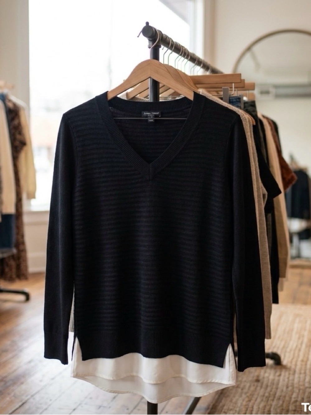Hilary Radley Black V-Neck Layered Hem Sweater